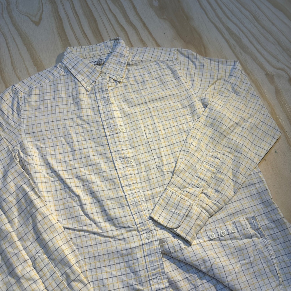 Optimum Womens Size 9/10 Yellow Gray Plaid Button Down Shirt Long Sleeve Casual